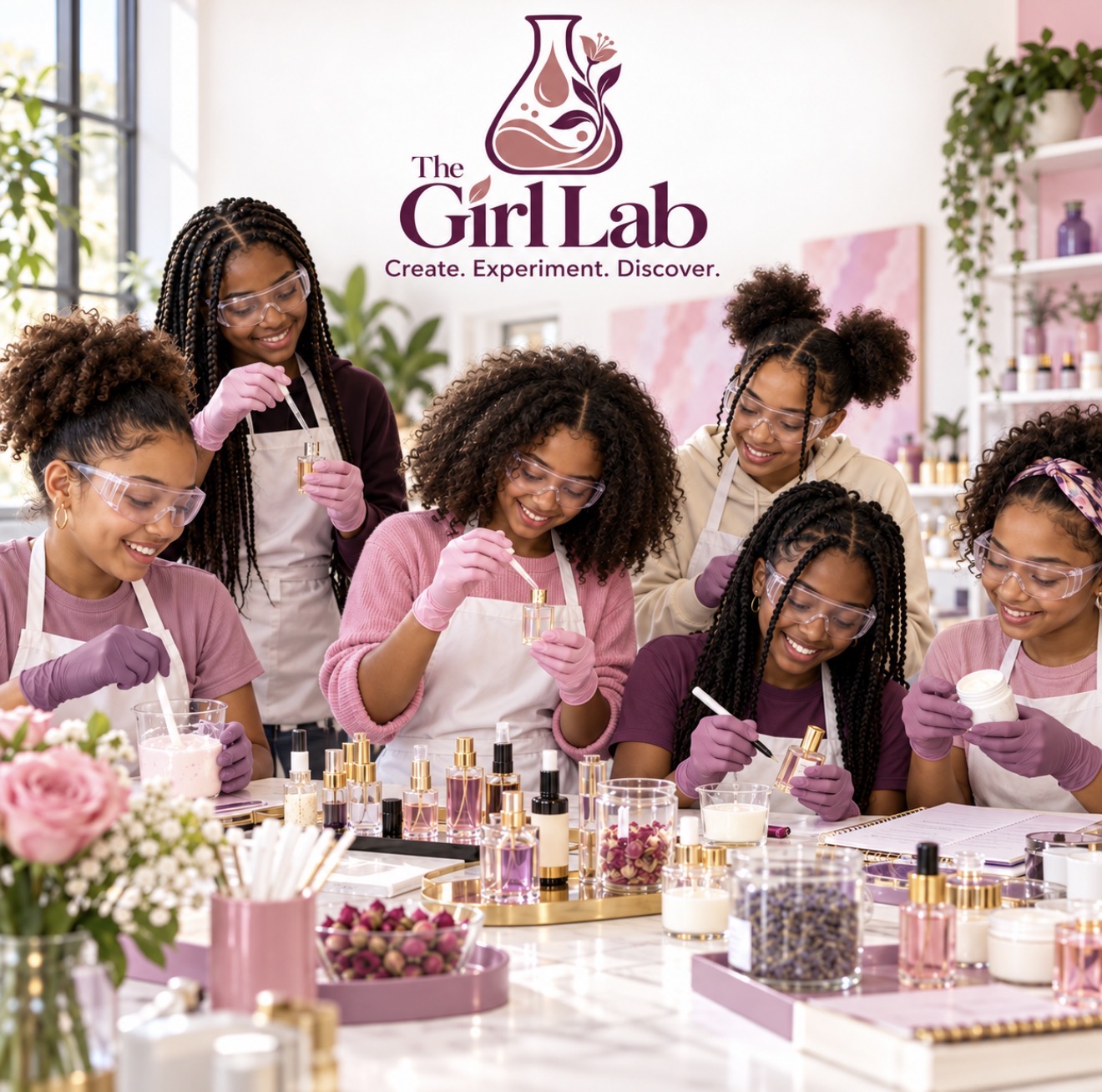 Girl Lab workshop image showing girls exploring fragrance and body product creation